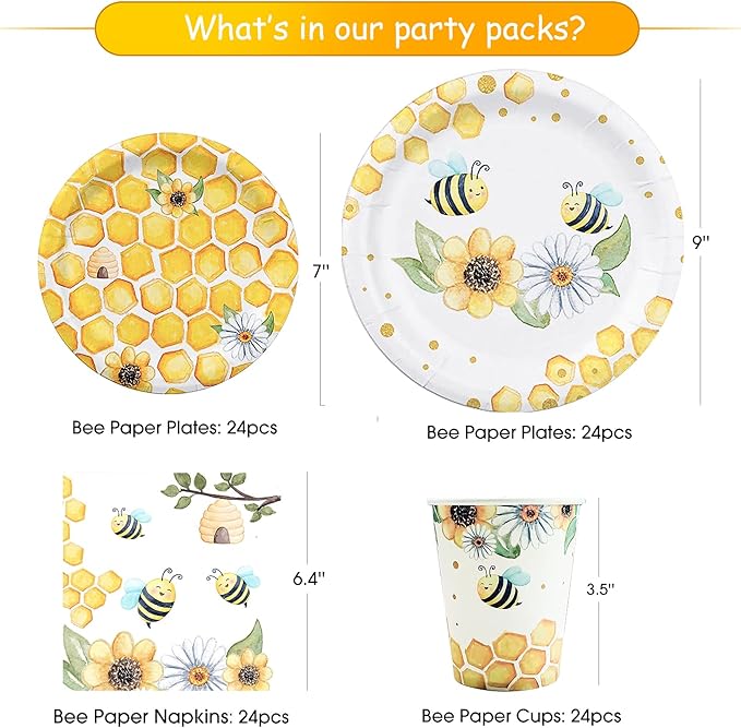 Bee Tableware - Bumble Bee Themed Party Supplies Include Plates, Cup, Napkin, Cutlery, Tablecloth, Straws, Gender Reveal Baby Shower Birthday Party Decorations | Serve 24