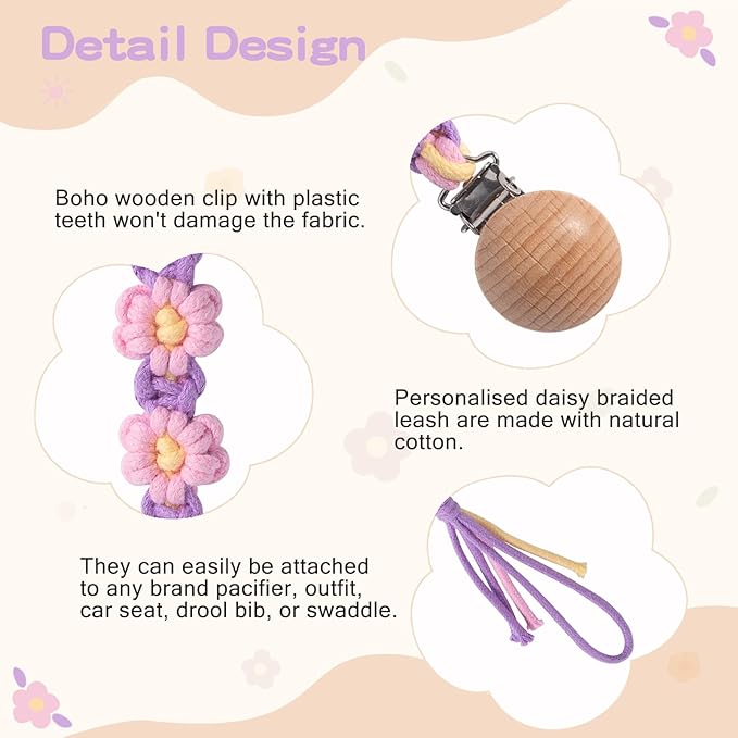 Pacifier Clip for Boys Girls Floral Daisy Macrame Paci Clip Pacifier Holder Leash Boho Wooden Clips Handmade Braided Cotton Unisex Baby Shower Birthday Gift
