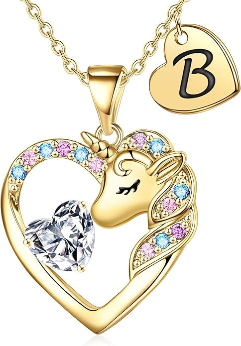 Unicorn Necklace Gifts for Girls Kids - Colorful CZ Heart Initial Necklaces Unicorn Necklace for Girls Jewelry Birthday Gifts for Little Girl Kids