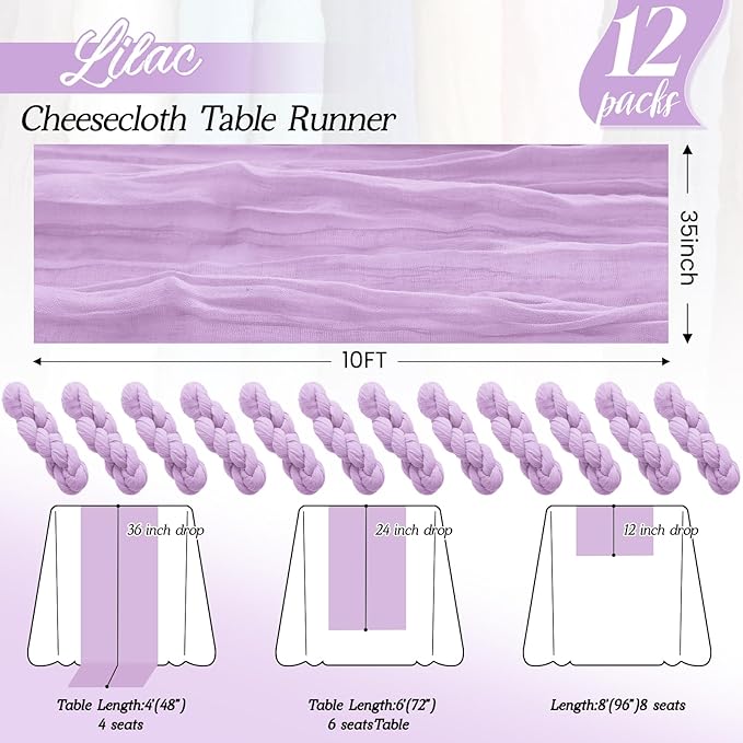 12Pack Lavender Table Runner 10FT Cheesecloth Table Runner 35x120inch Cheese Cloth Table Runners Rustic Boho Gauze Table Runners for Party Wedding Birthday Dining Bridal Shower Baby Shower Decor
