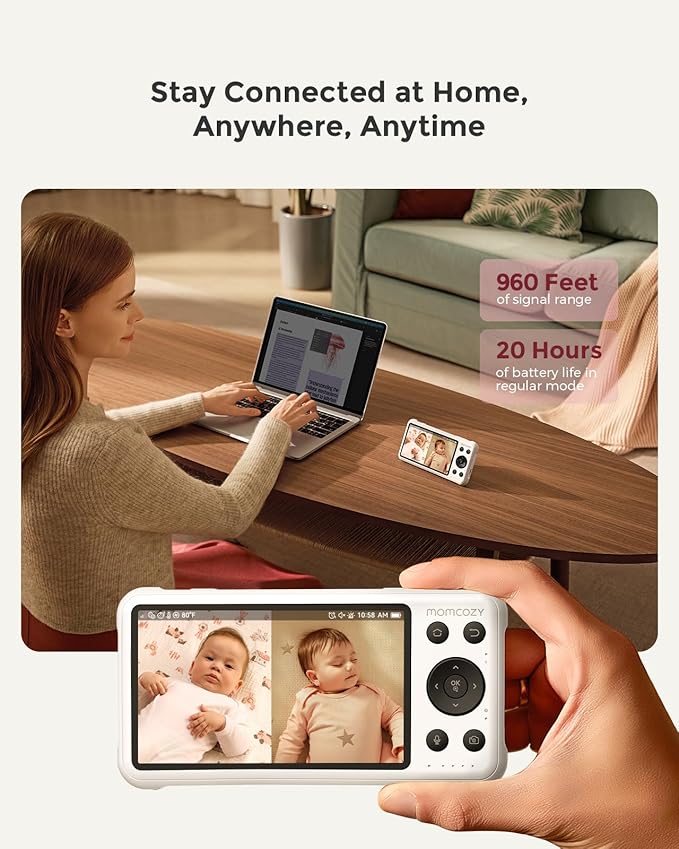Momcozy BM04 Smart WiFi Baby Monitor with 2 Cameras, 5’’ 1080P Split Screen Video Baby Monitor with Camera and Audio, Clear Night Vision, 5000mAh Battery, 2-Way Audio