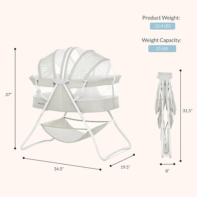 Dream On Me Karley Bassinet in Cool Grey, Lightweight Portable Baby Bassinet, Quick Fold and Easy to Carry , Adjustable Double Canopy, Indoor and Outdoor Bassinet with Large Storage Basket.