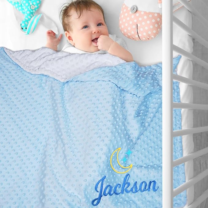 Personalized Baby Blanket with Embroidered Name, Custom Blanket for Girls Boys, Personalized Christmas Birthday for Girls Boys Newborn Essentials (Blue-White)