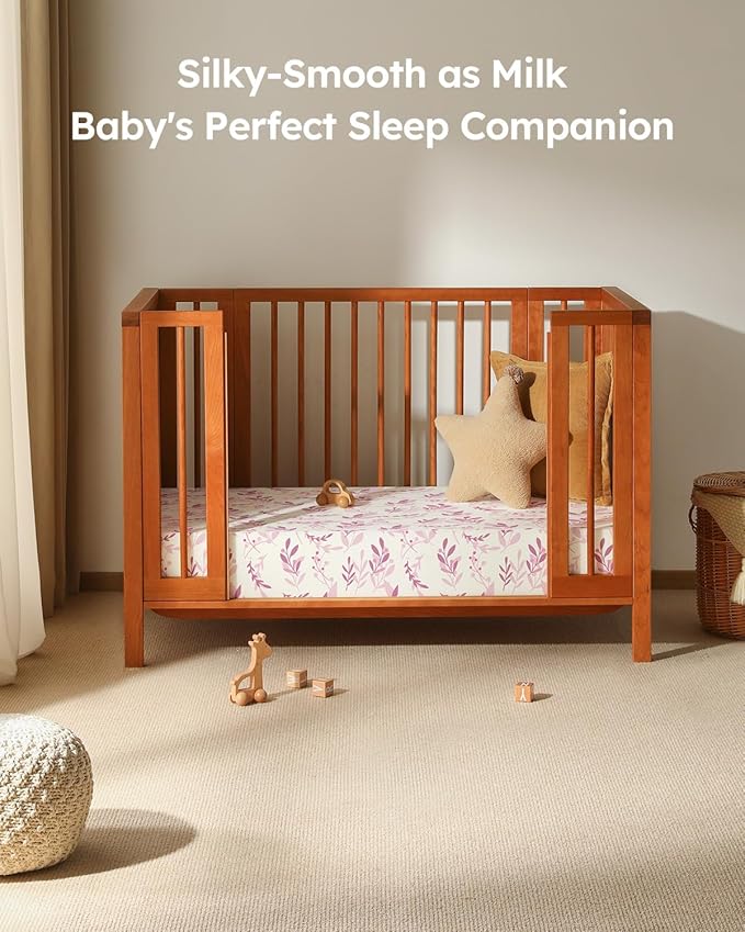 Baby Crib Sheets for Boys Girls, Fitted Crib Sheet Neutral 3 Pack for Standard Crib and Toddler Mattress, Breathable Soft Microfiber Baby Sheet 28x52x8in Purple Leaf