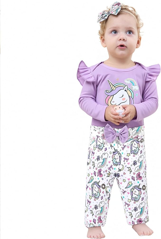 DISAUR Baby Girls Clothes Newborn Infant Baby Girls Outfit Long Sleeve Ruffle Romper Floral Pants Headband Sets 0-18 Months
