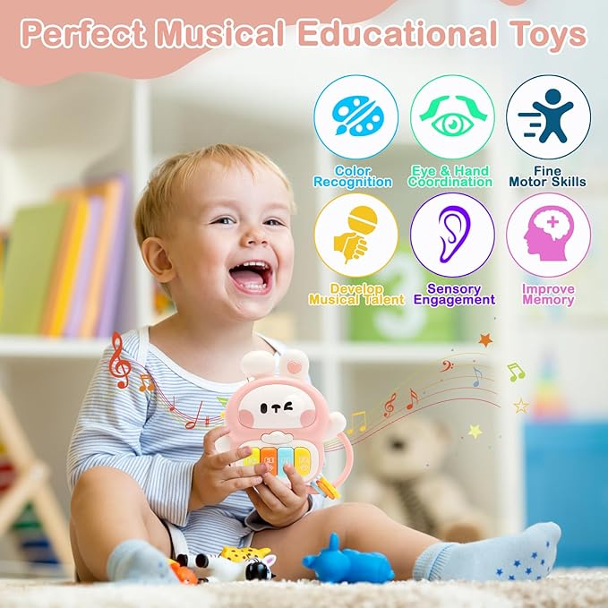 Baby Musical Toys 6-12 Months, Rabbit Piano for Baby Musical Toys for Toddlers 1-3, Busy Board with Music & Light, Birthday Toy for Infant Toddler 1 Year Old Boy Girl Gifts (Pink)