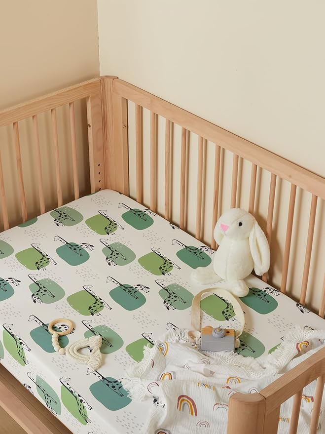 TILLYOU Baby Crib Sheets for Boys Girls, Super Soft Toddler Bed Sheets, 2 Pack Sheets for Standard Crib Mattress 28x52in, Green Giraffes