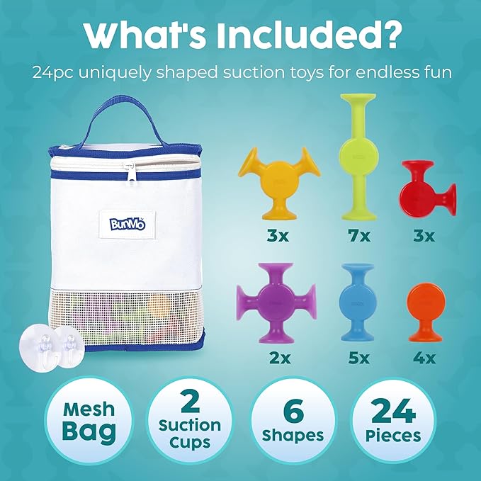 BUNMO Bath Toys Suction - Connect, Build, Create - Toddler Bath Toys - Hours of Fun & Creativity - Fine Motor Skills - Stimulating Sensory Toys - Non-Mouthable Toy 3+ - Smooth 24 Pack