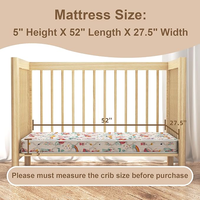 5" Crib & Toddler Mattress, 52x27.5 Breathable Knitted Fabric Cover, CertiPUR-US Certified Foam, Edge Reinforcement, Fits Standard Size Crib and Toddler Bed, Princess