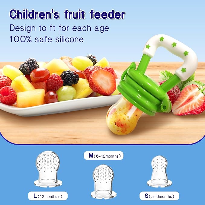 Baby Fruit Feeder with Freezer Tray – 3-Size Silicone Teether for 3-24 Months, BPA-Free, Leakproof Self-Feeder, Dishwasher Safe, Baby Weaning & Teething Snack Tool(Blue Green)