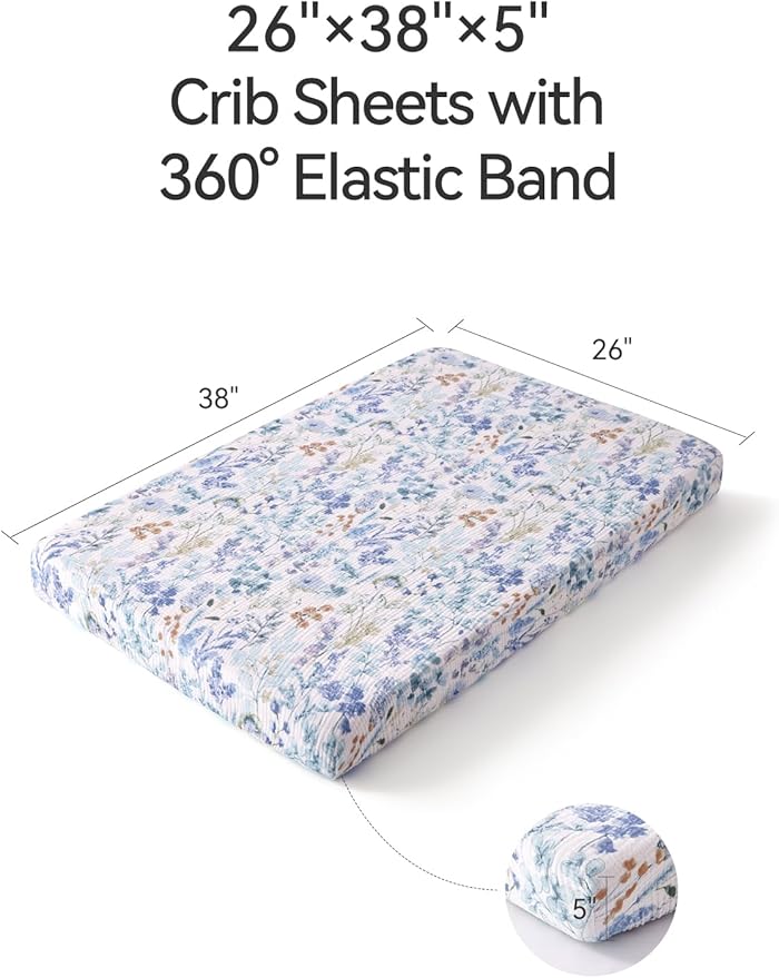 TILLYOU Muslin Mini Crib Sheets 2 Pack, Pack and Play Mattress Sheets Fitted for Pack N Play, 38'' x 26'' Sheet for Toddler, Blue Flower