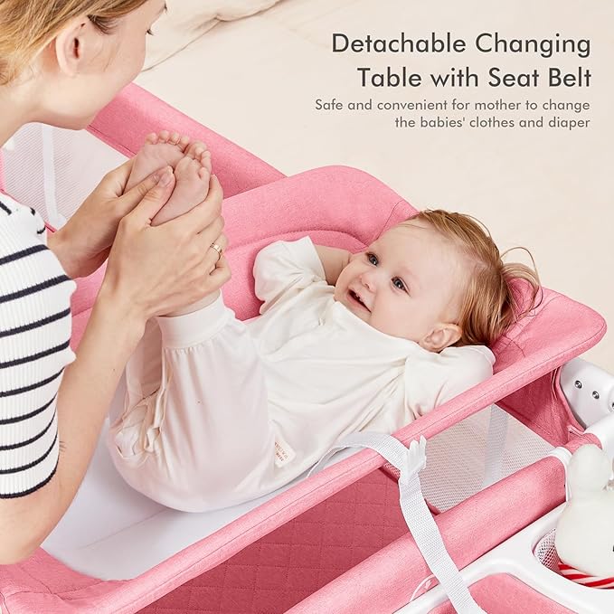 ANGELBLISS 5 in 1 Baby Bassinet Bedside Crib, Beside Sleeper with Diaper Changer& Removable Rocker, Pack and Play Bassinet, Easy Folding Portable Playpen Bassinet with Mobile, Sheet& Mattress