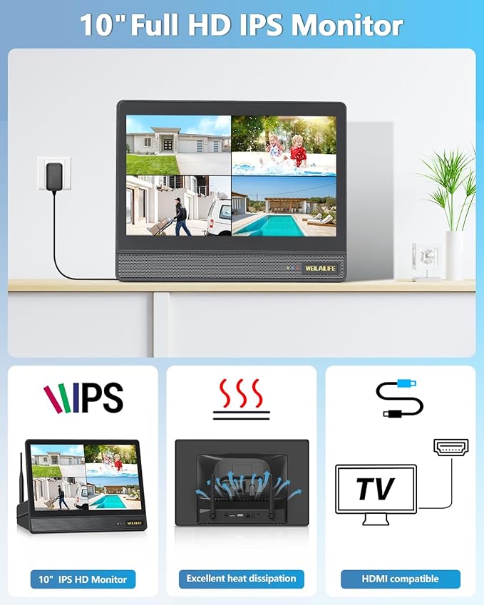 5MP Wireless Security Camera System with 10" Monitor, Outdoor WiFi Home Video Cameras Systems Surveillance DVR Kits