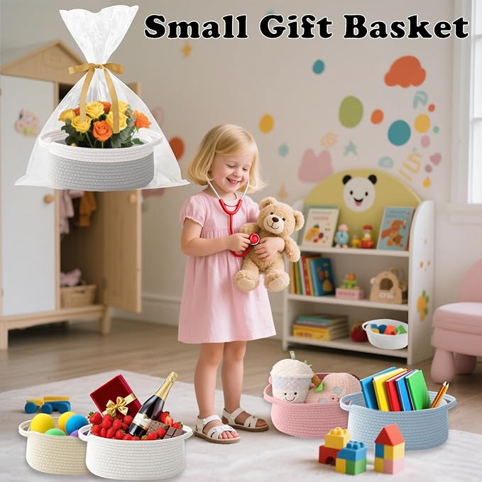 Gift Basket with Gift Bag and Ribbons,Small Rope Woven Shelf Storage,Baskets for Gifts Empty,Birthday,Shower,Decorative Organizer Box for Cat Dog Pet with Handles(White&Grey)