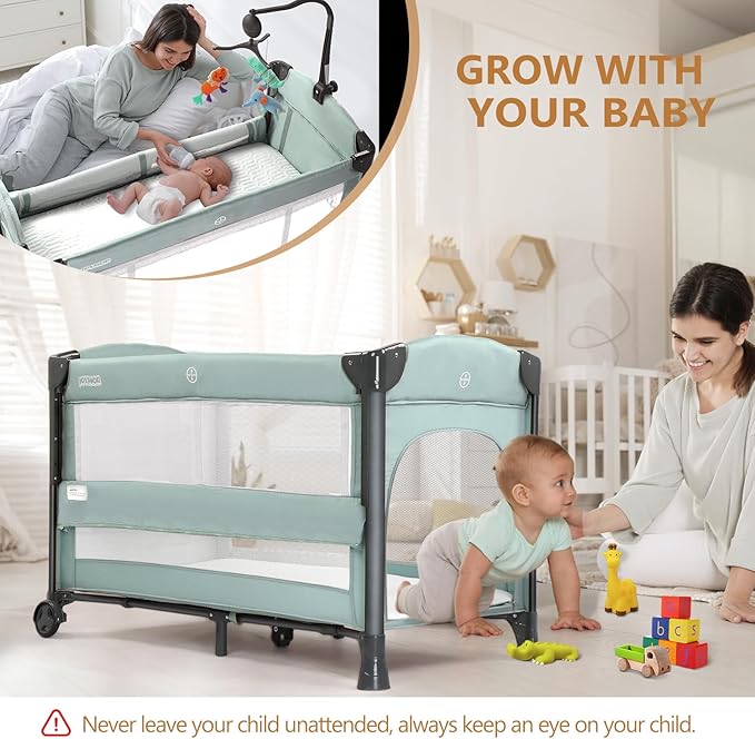 JOYMOR 3 in 1 Baby Bedside Bassinet, Bedside Sleeper with Mattress and Sheet, Convert to Bassinet, Playpen, Foldable Travel Baby Bed, with Toy, Wheels, Brake, Carry Bag