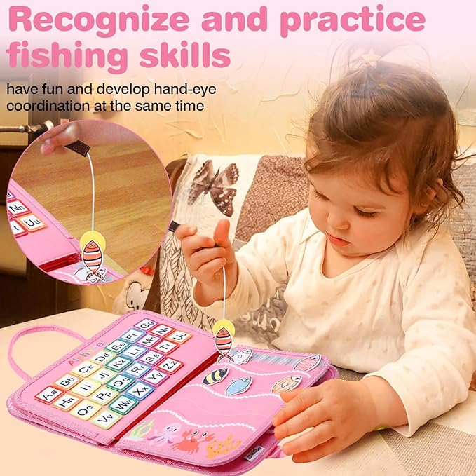 Busy Board for Toddlers, Sensory Board Travel Toys Gifts for 1 2 3 4 Year Old Girls Boys, Montessori Toys to Learn Fine Motor Skills, Educational Activities Busy Book for Airplane Car (Pink)