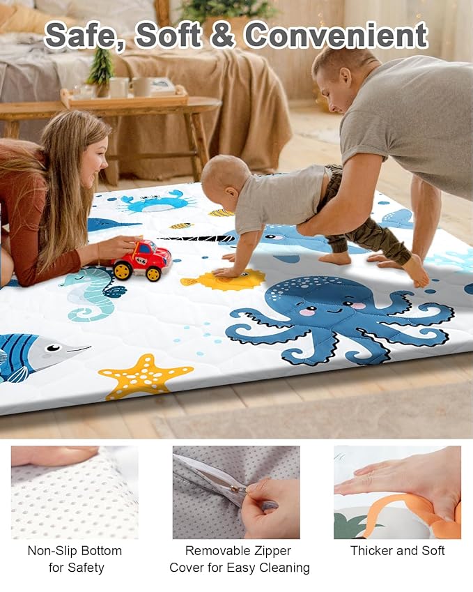 Premium Foam Baby Play Mat 47x47 – Removable & Machine Washable Cover, Extra Thick Padding Playpen Mat, Non-Slip Crawling Mat, Easy to Clean for Infants, Toddlers & Babies