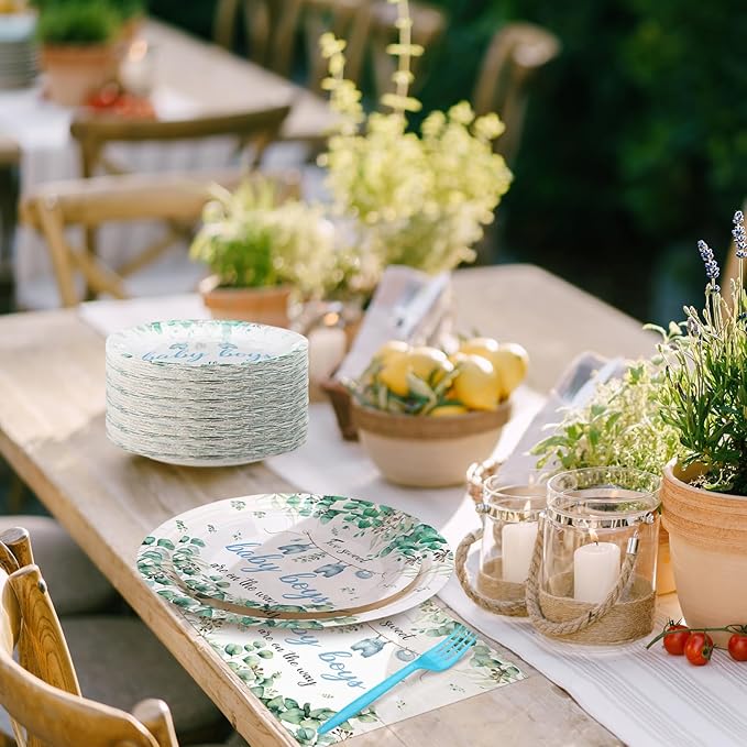 Zhehao 96 Pcs Twins Baby Shower Decorations Supplies Twins Cuties Baby Shower Tableware Set Eucalyptus Leaf Orange Strawberry Greenery Themed Plates Napkins Forks for 24 Guests (Greenery)