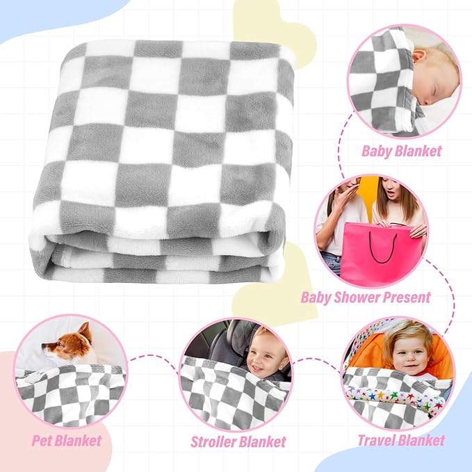 Plush Checkered Baby Blanket for Boys Girls Nursery, 30"*40" Warm Short Fleece Blanket Neutral for Infant Newborn, Small Fuzzy for Sleeping, Chenille or Stroller (Gray&White)