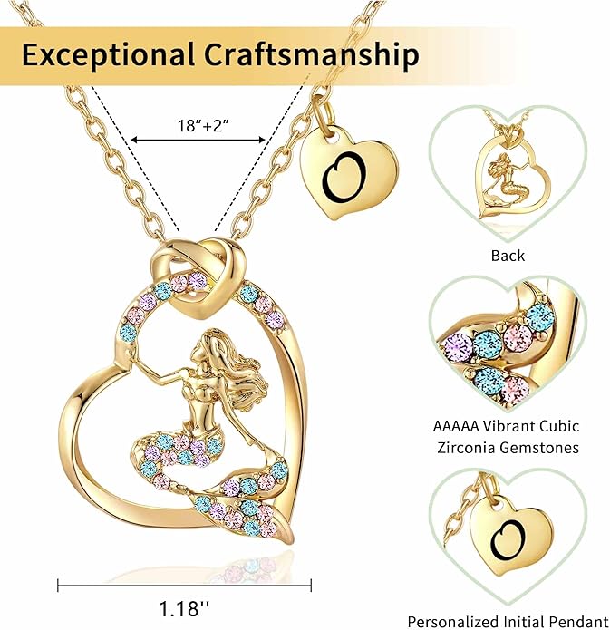 K-Acc 14K Gold-Plated Mermaid Initial Heart Necklace - Gifts for Girls