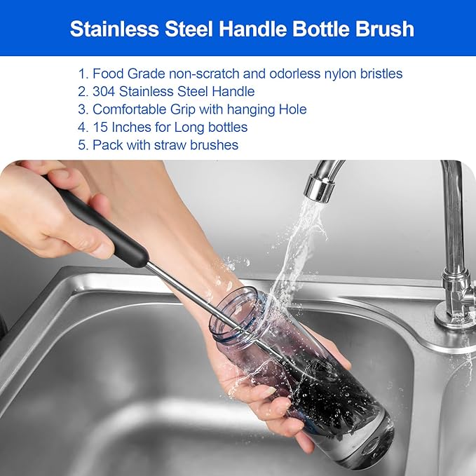 Bottle Brush, Long Stainless Steel Handle Water Bottle Brush Cleaner, Sports Bottle Scrubber, Kitchen Scrub Cleaning Brushes for Beer Bottles, Cups, Wine Glasses, Coffee Mugs, Tumblers, Thermos