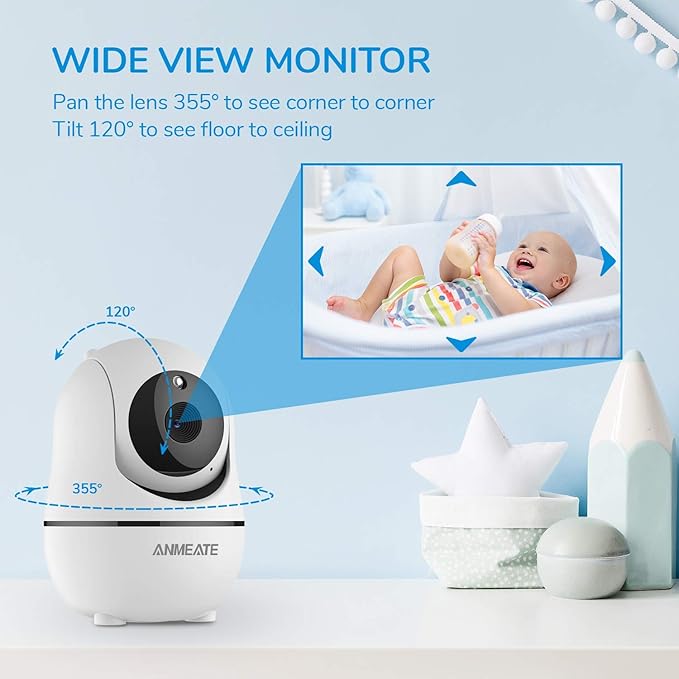 ANMEATE Baby Monitor with Remote Pan-Tilt-Zoom Camera,Large Display Video Baby Monitor with Camera and Audio |Infrared Night Vision |Two Way Talk | Room Temperature| Lullabies and 960ft Range(Black)