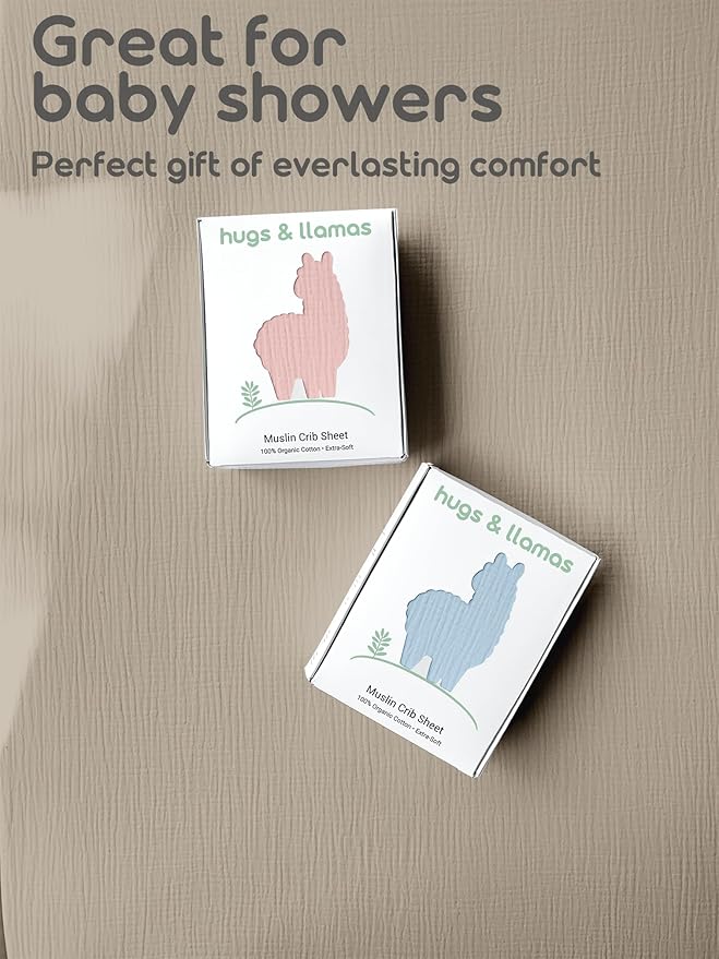Hugs & Llamas | 100% Organic Cotton Muslin Fitted Sheet | Baby Crib Sheets for Boys & Girls - Neutral (Toasted Almond)