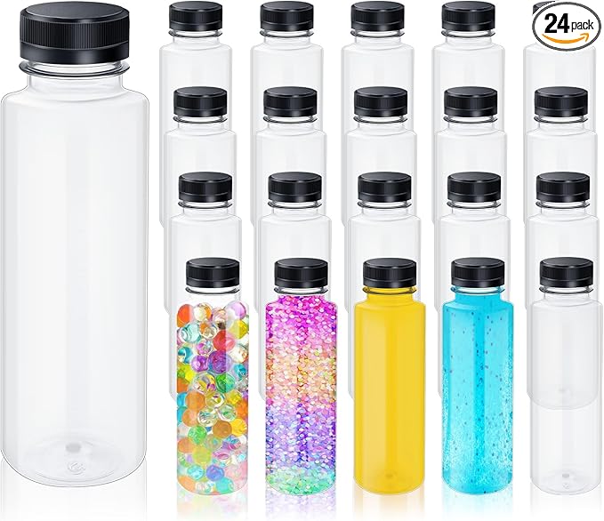 Honeydak 24 Pcs Empty Sensory Bottles Bulk with Black Lids 12 oz / 350 ml Clear Plastic Reusable Leakproof Juice Bottles Drink Container for Sensory Crafts Handmade Beverages Storage (Cylindrical)