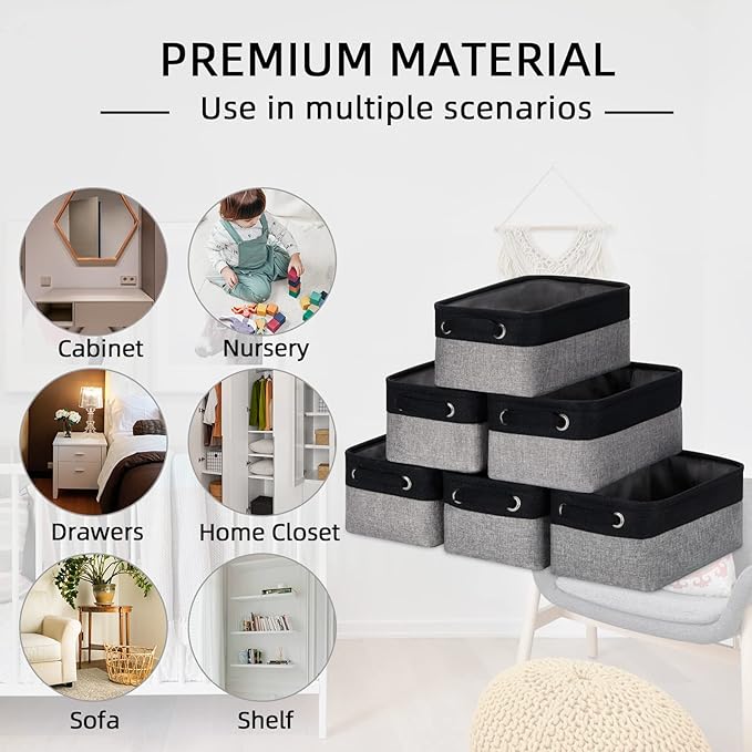 HNZIGE Storage Baskets for Storage Fabric Small Organizer Bins for Shelves,Collapsible Linen Baskets with Cloth Handles for Organizing Closet Nursery Home Shelves,Toy(Black&Gray,11.8" x 7.8" x 5.1")