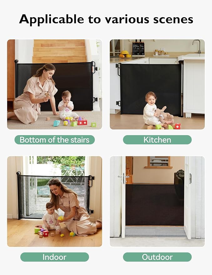 Momcozy Auto Lock Retractable Baby Gate, Safety Gate for Baby and Pet, 33” Tall, Extends to 55” Wide, Mesh Safety Dog Gate for Stairs, Indoor, Outdoor, Doorways, Hallways