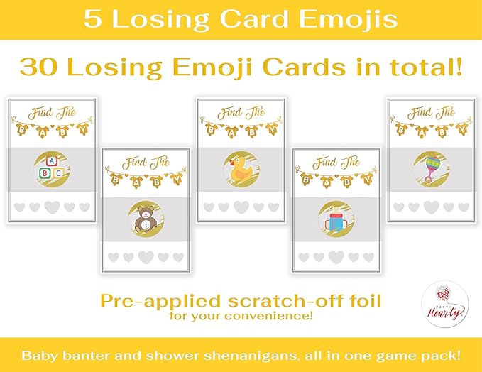 Party Hearty Baby Shower Games Gold 33 Raffle Cards, Emoji Scratch Off Lottery Tickets, 3 Winners 5 Different Loser Card Designs, Gender Neutral, Silly Activity for Ice Breakers, Door Prizes, Favors