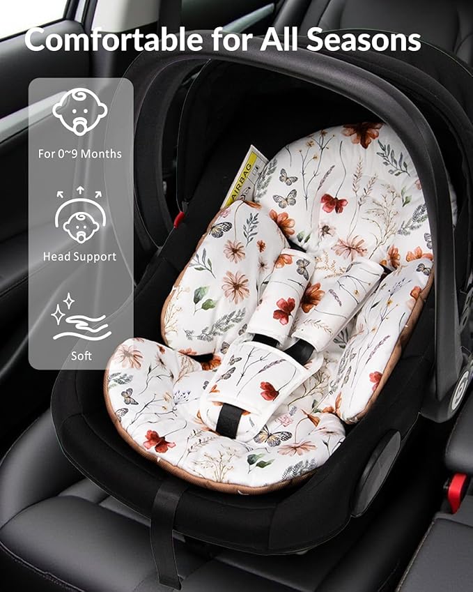 Generic Infant Car Seat Insert Compatible with Mamaroo Swing & Graco Swing and Infant Car Seat, Newborn Insert Baby Head Body Support, Reversible Design, Breathable Fabric, 1Pcs - Brown Wildflower