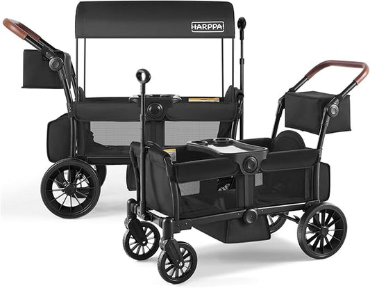 HARPPA All-Terrain Wagon Stroller for 2 Kids, Foldable Outdoor & Beach Stroller Wagon with Removable Canopy, Adjustable Push & Pull Handle, Footwell & Large Storage, Black