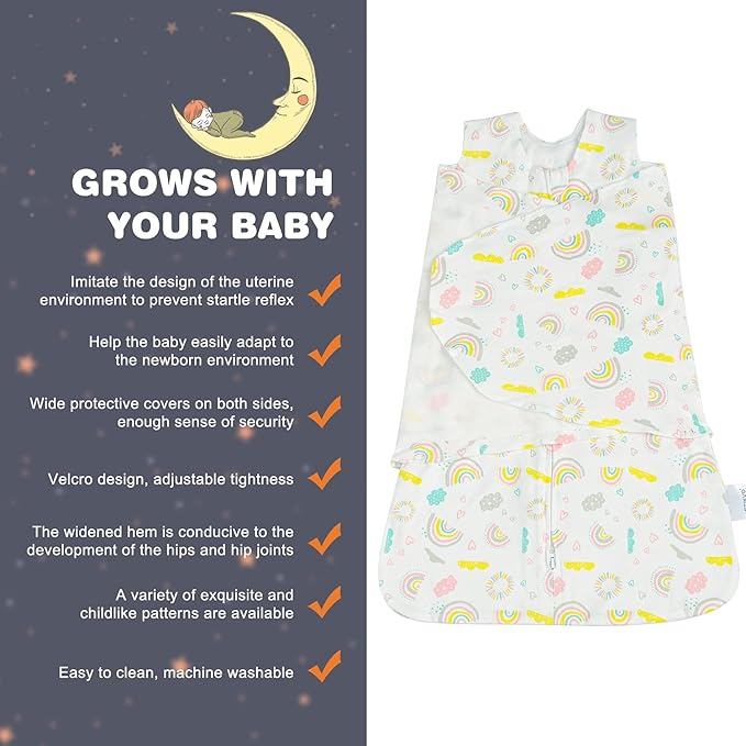 Swaddle-Blanket Baby Girl & Boy Swaddles Newborn Infant Transition 100% Cotton Wrap Blankets, 3-Way Adjustable Wearable Blanket, TOG 1.0 (Rainbow, 3-6 Month)