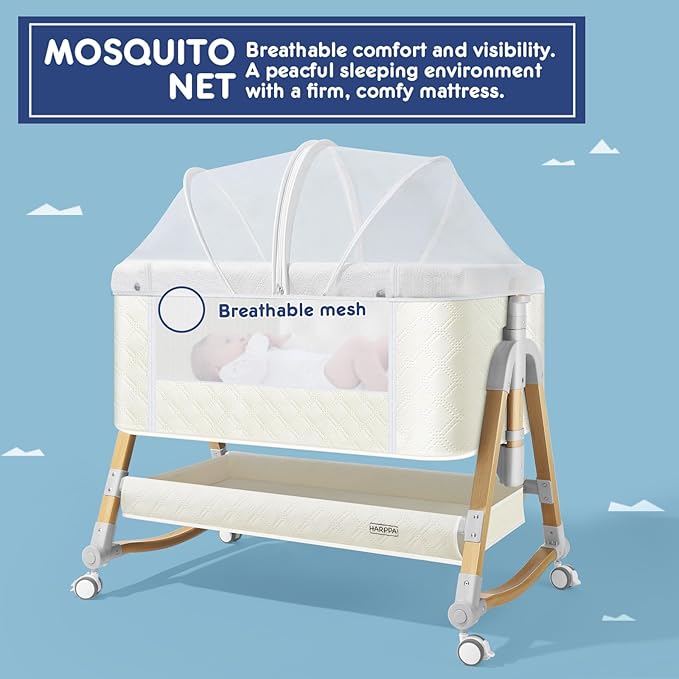 HARPPA Cuddly Bassinet, 3 in 1 Baby Bassinet Bedside Sleeper, Bedside Crib with Mattress and Wheels, Breathable Mesh, 5 Height Adjustable, Anchor Strap (Wood Grain, White)