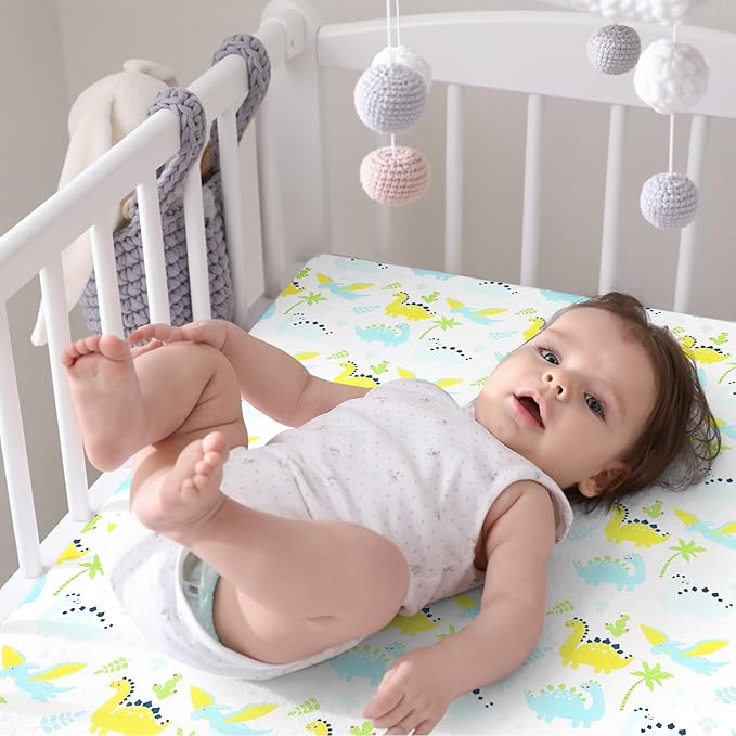 Pack n Play Flat Sheet 2 Piece Mini Crib Sheet Elastic Playard Sheet Set Portable Sheet Set Elastic Convertible Playmat Compatible Graco Pack n Play (Owl and Tree Bag) (More Dinosaurs)