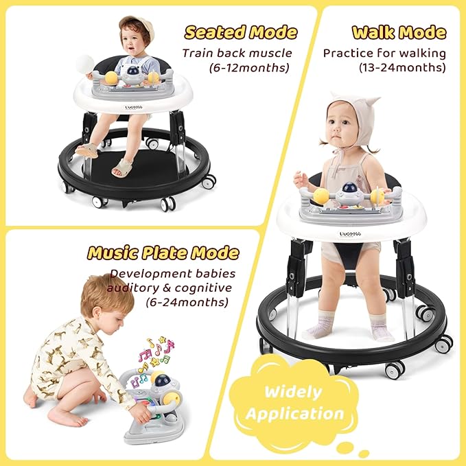Baby Walker with Wheels,Music and Lights Baby Walker for Boys Girls 6-12 Months,Foldable Baby Walkers and Activity Center,Toddler Infant Walker with 7-Speed Height Adjustment,Detachable Plate,Black