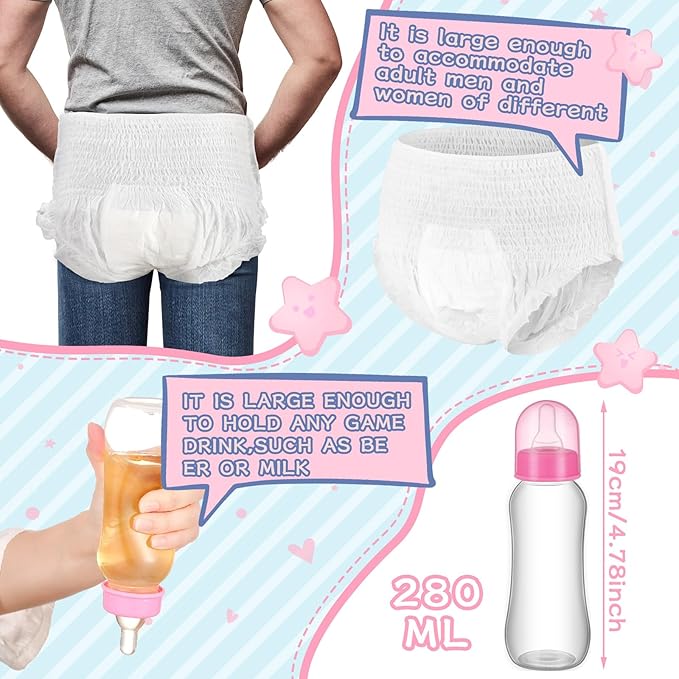 8 Sets Bottle Chug Baby Shower Games Plastic Baby Bottles Bulk Diapers Gender Reveal Games Hat and Adult Bib Race Game Decoration for Girl Adults (Stylish Style,Pink)