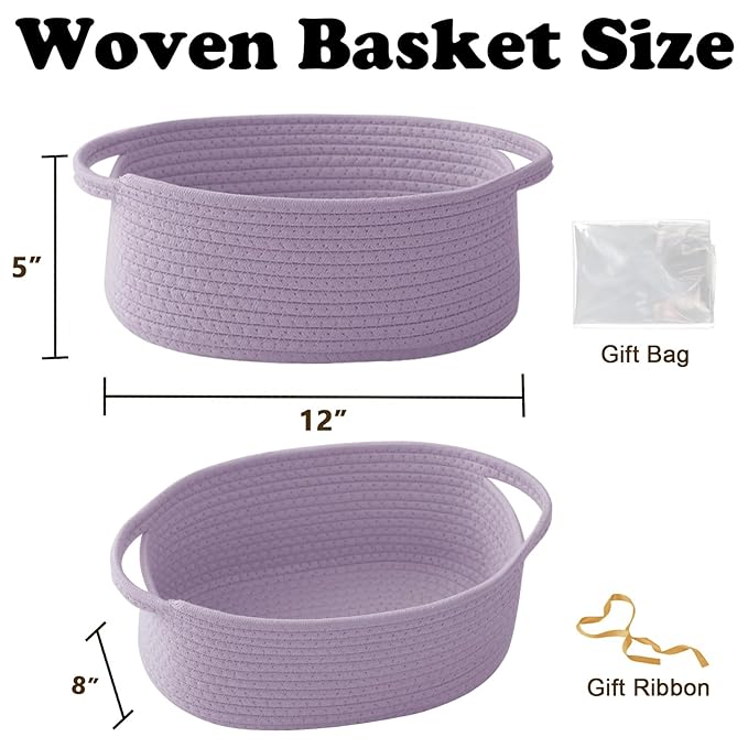 Gift Basket with Gift Bag and Ribbons,Small Rope Woven Shelf Storage,Baskets for Gifts Empty,Birthday,Shower,Decorative Organizer Box for Cat Dog Pet with Handles(Purple)