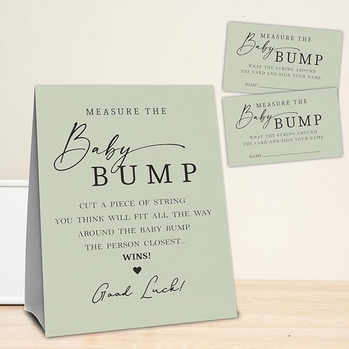 Light Green Baby Shower Measure The Baby Bump, Measure Mommy's Belly Game Set - 1 Self-Standing Sign And 50 Tickets - Gender Reveal, Baby Shower, Baby Announcement Activity & Party Favor Supplies -A13