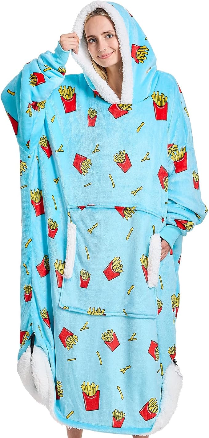 yescool Wearable Blanket Hoodie - birthday gifts for Adults/Women/mom, Flannel Cozy Sherpa Fleece Blanket Sweatshirt with Hood, Pocket & Sleeves, Large, One Size Fits All (Fries)