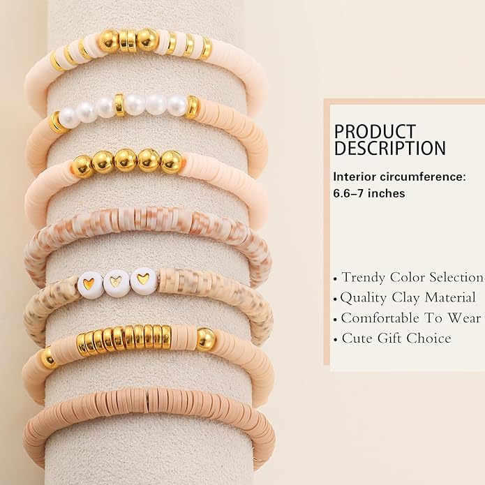 Friendship Bracelets Trendy Heishi Clay Bead Bracelets Stack Gold Beaded Stretch Bracelets for Women Boho Stackable Bracelets Bulk Cute Preppy Jewelry