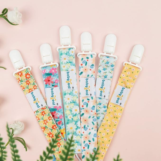 Babygoal Floral Pacifier Clips, 6 Pack Binky Paci Holder Clips and Leash for Boys and Girls Fits for Most Pacifier, Binkie Styles & Baby Teethers & Toys and Gift 6PS31