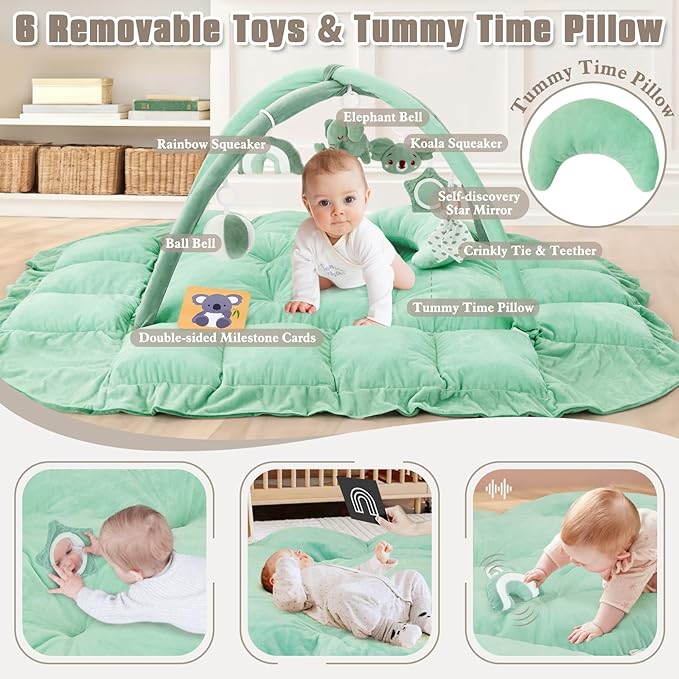 5-in-1 Plush Baby Play Gym, Baby Play Mats, Convertible Baby Gym with Pillow, Tummy time mat, Baby&Ped Bed, 6 Sensory Toys, Activity Center from Newborn to Toddler, Ball Pit, Rectangular Sage Green
