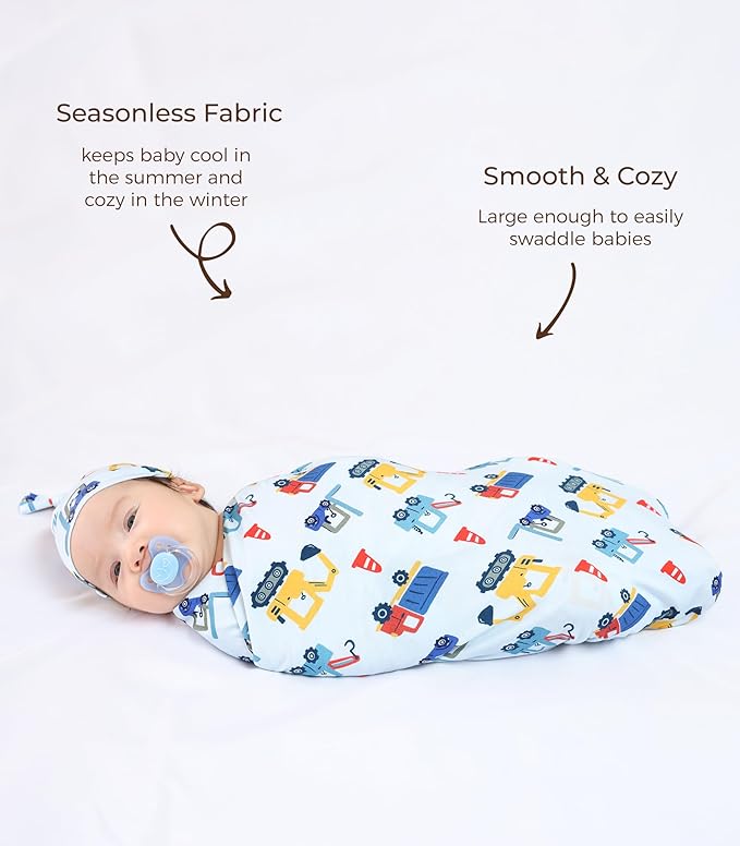 Newborn Swaddle Blanket with Hat Set,Unisex Baby Receiving Blanket Nursery Wrap for Girls and Boys, Viscose Made from Bamboo Blue Car One Size