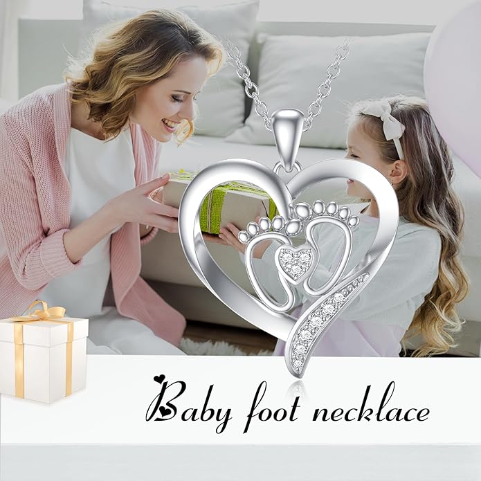 Diamond Baby Feet Necklaces for Women 925 Sterling Silver Mother Heart Pendant Baby Footprint Necklace for Mom-to-Be Gifts Diamond Jewelry
