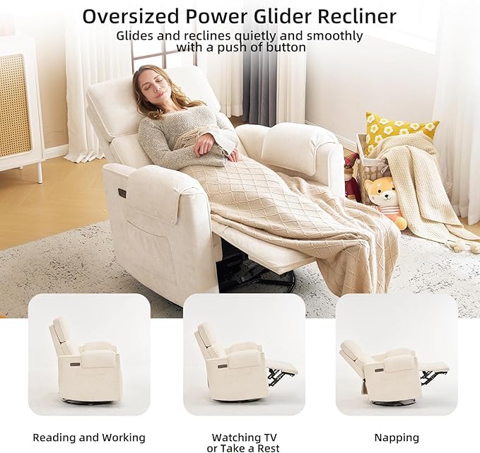 Oversized Power Recliner Chair, 26" Extra Wide Swivel Rocker Recliner with Adjustable Headrest, Chenille Glider Rocking Nursery Chair with Overstuffed Armrest, USB Ports, Cream