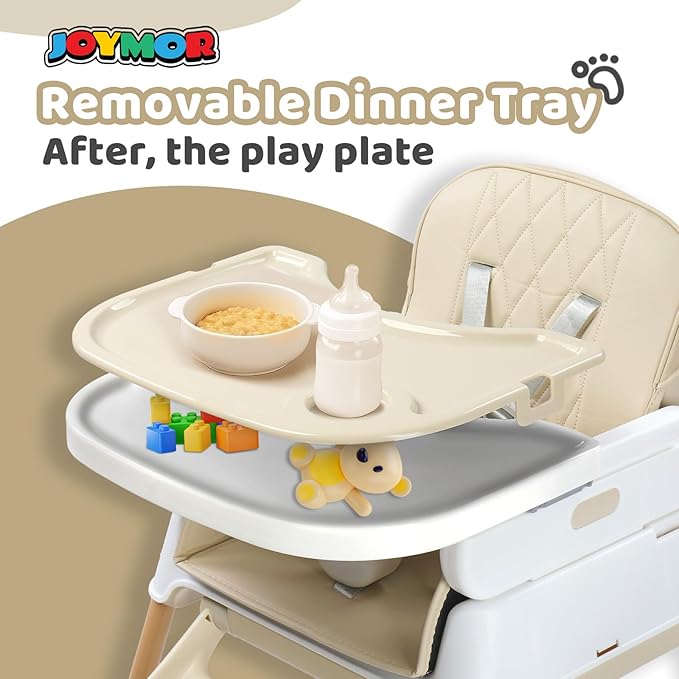JOYMOR 5 in 1 Baby High Chair for Babies and Toddlers, Portable Highchair Fold Compact, ConvertibleBaby Feeding Chair Booster for Eating with Detachable Double Tray, 5 Point Harness (Beige)