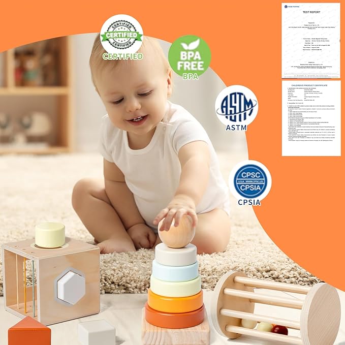 Montessori Toys for 1-3 Year Old, Baby Toys 12-18 Months, Wooden Stacking Rings Toy for Toddlers, Shape Sorting Cube, Xylophone, Preschool Sensory Developmental Educational Toy for Babies