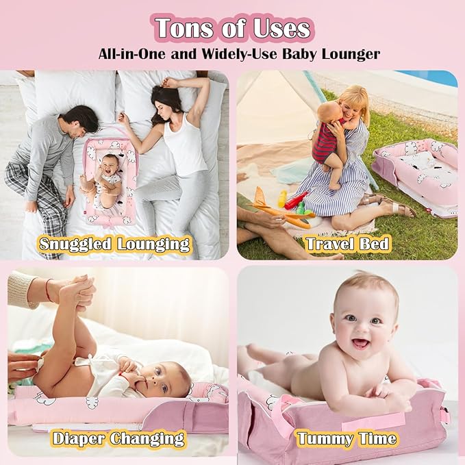 Infant Lounger, Baby Nest for Newborns, Portable Breathable Baby Lounger Adjustable U-Shaped Safety Bumper for Cozy Comfort - Raindrop Cloud